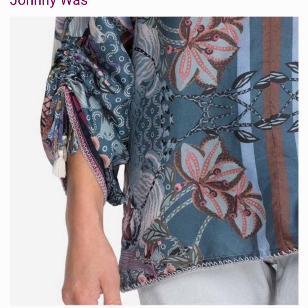 Johnny Was‎ Aran Georgia 100% Silk Floral Boho Ruched  Sleeves Tassel Trim Top - Picture 4 of 14